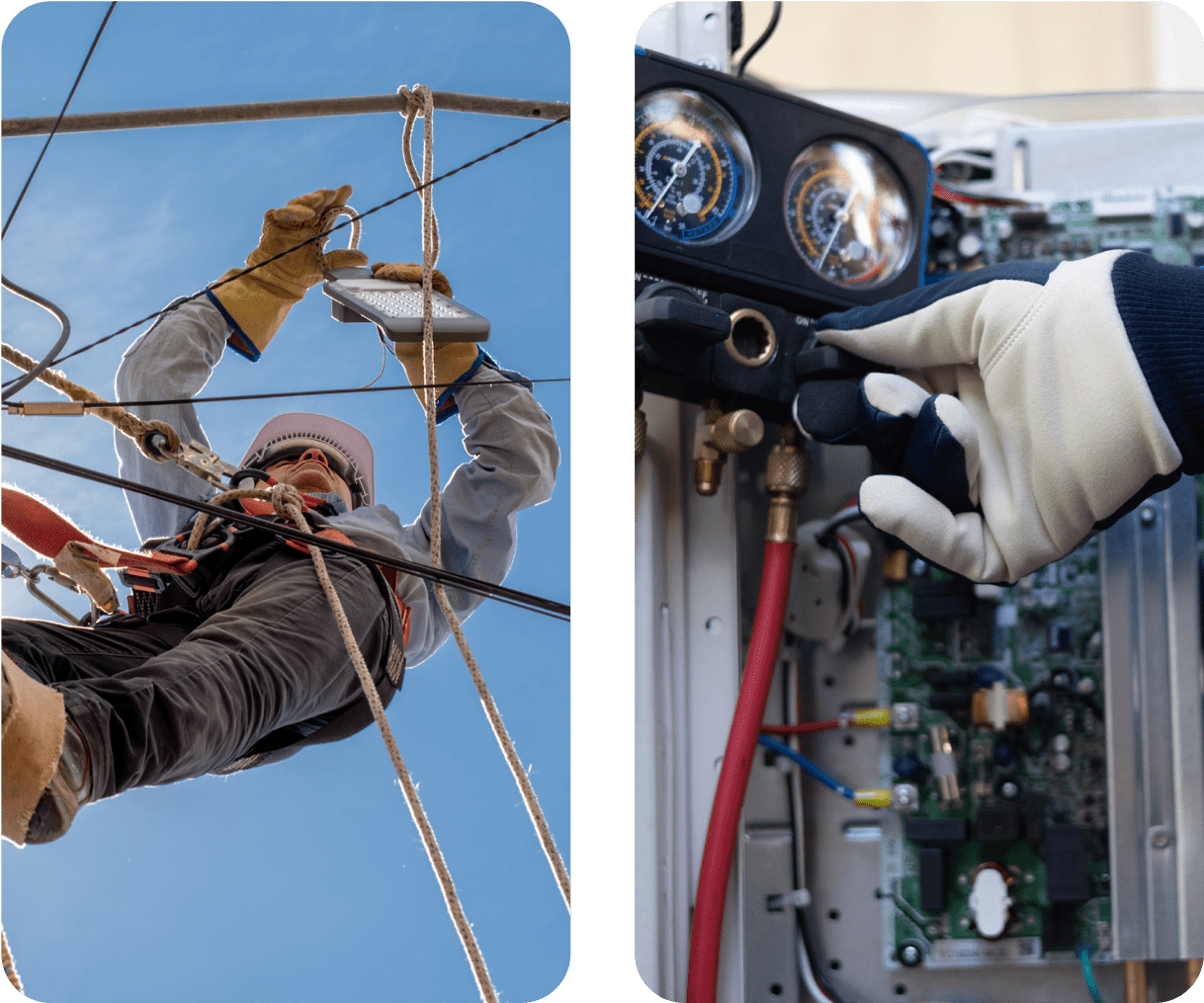 Technician climbing pole; checking electrical equipment.