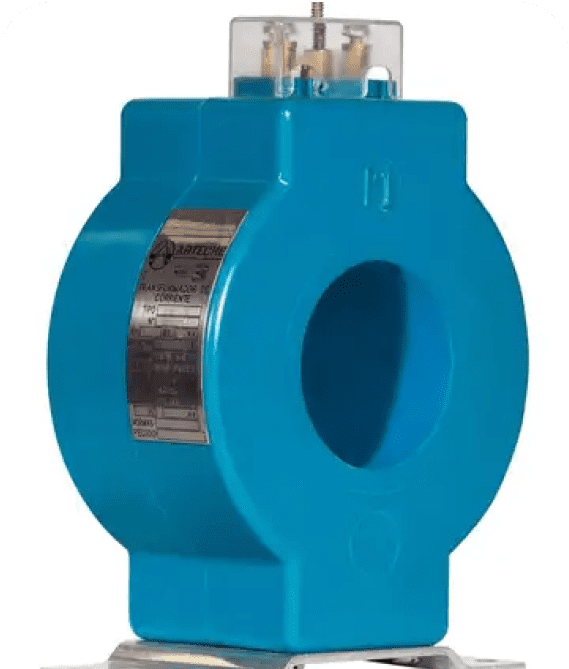 Blue electrical component with circular opening.