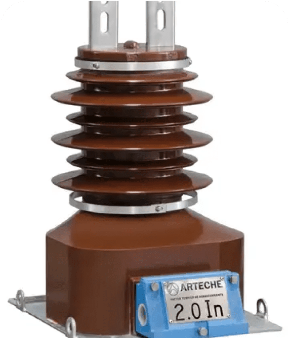 Brown electrical transformer with labeled base.