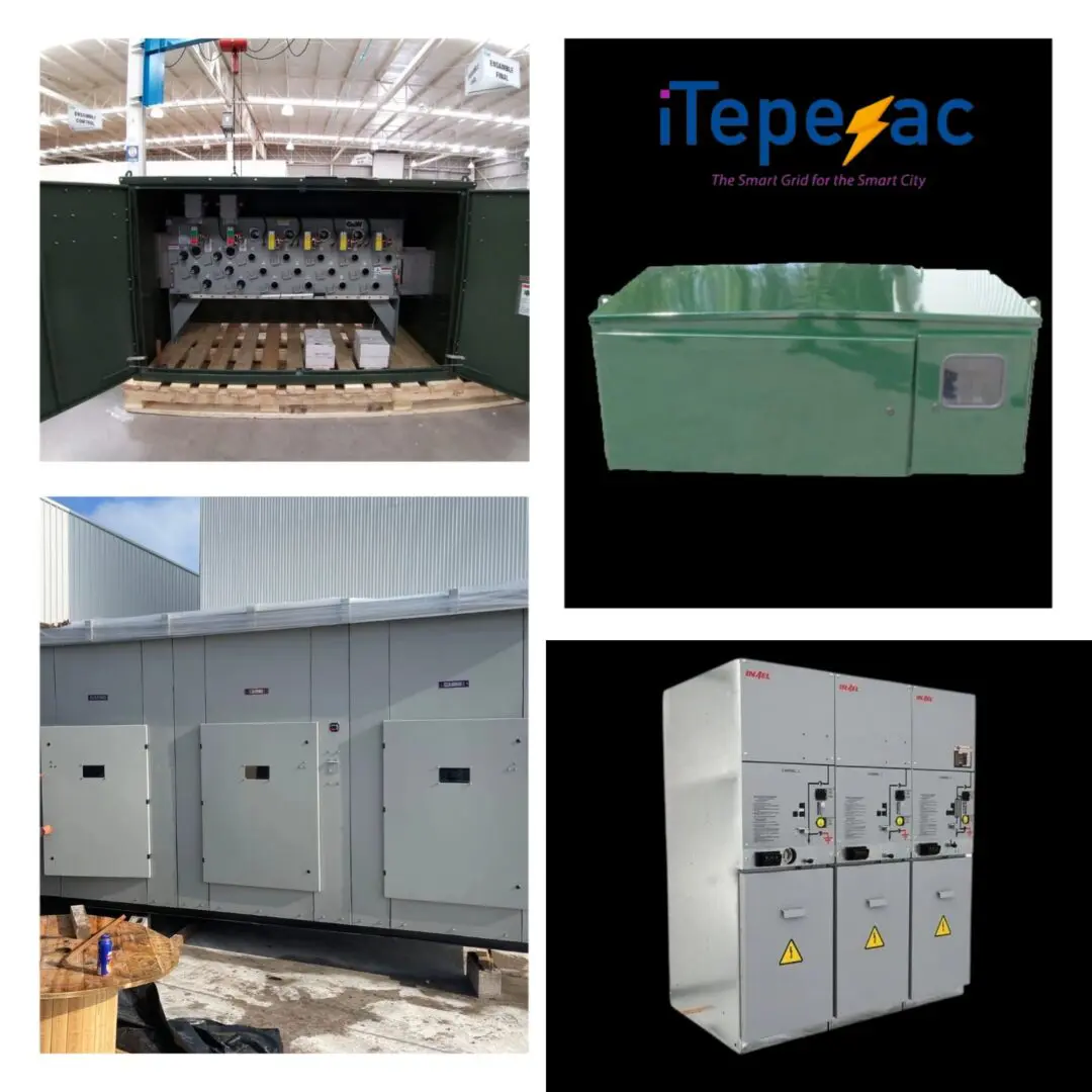 Seccionador tipo pedestal, subestación compacta, ECM pedestal y tablero de distribución subterránea con logo de iTepeyac, soluciones en media tensión para el sector eléctrico y construcción en México.