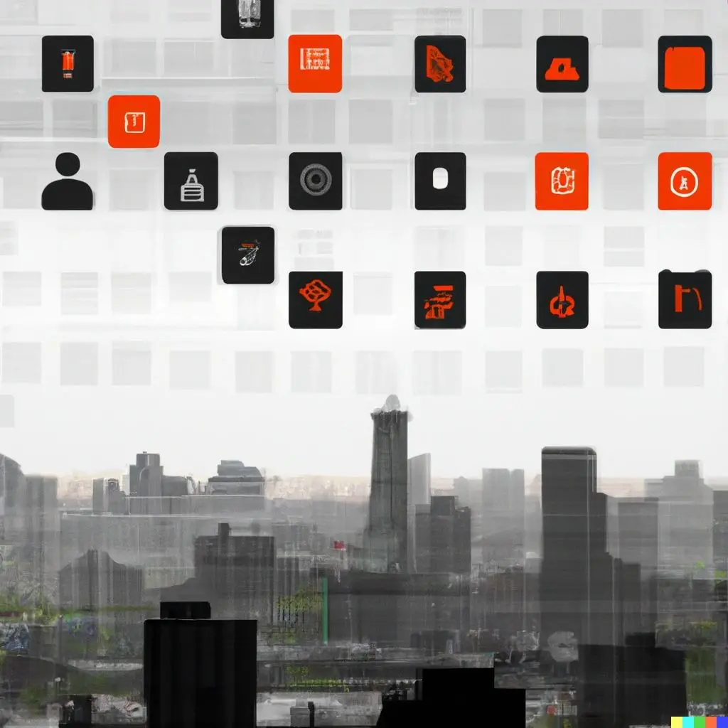 Cityscape with overlay of various app icons.