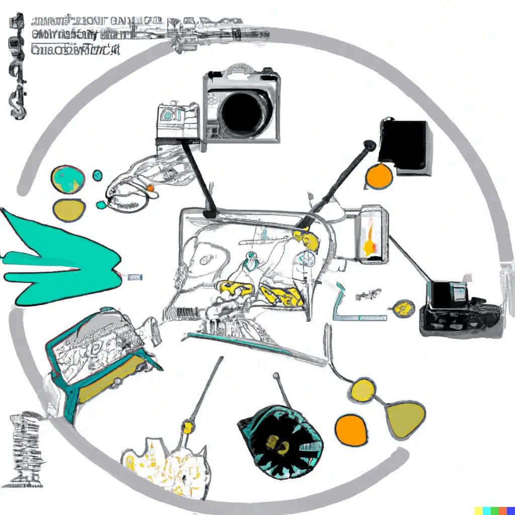 Illustration of various electronic devices and gadgets.