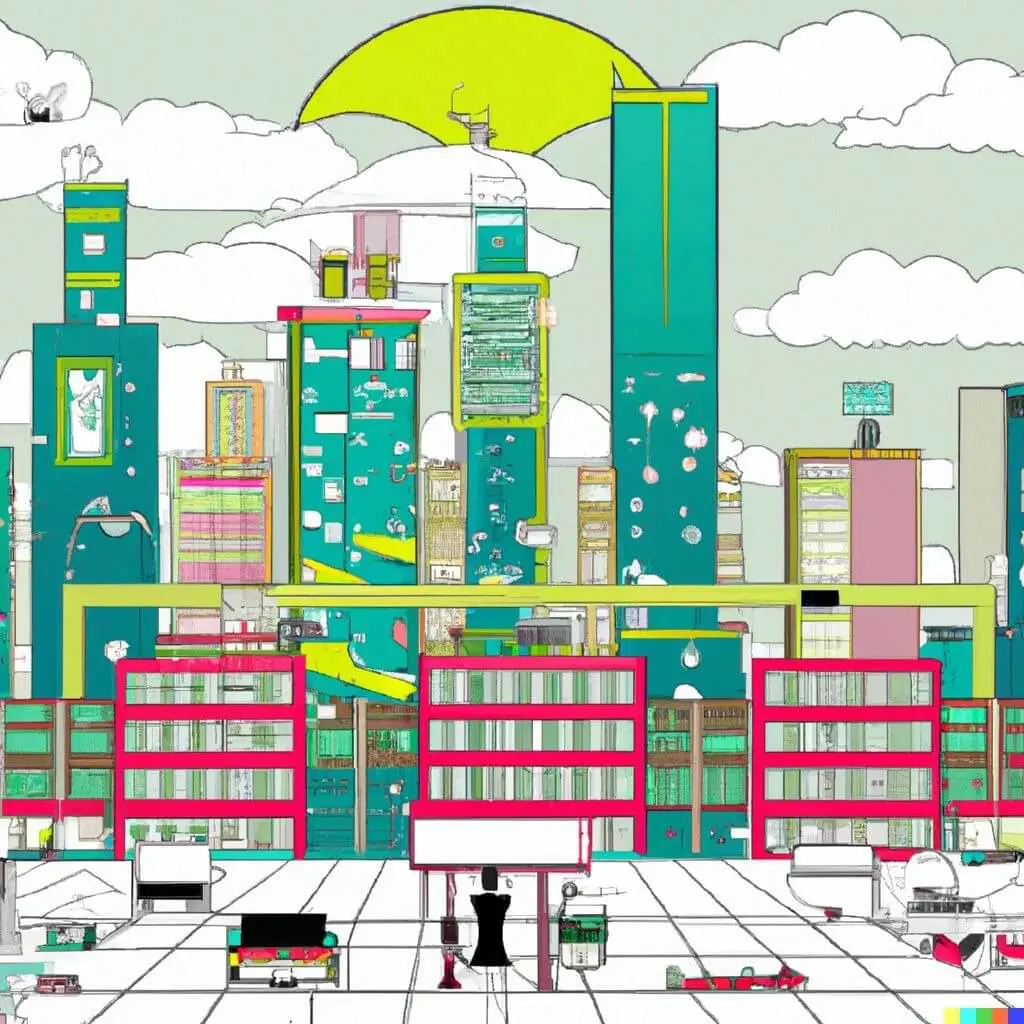Colorful cartoon cityscape with tall buildings.