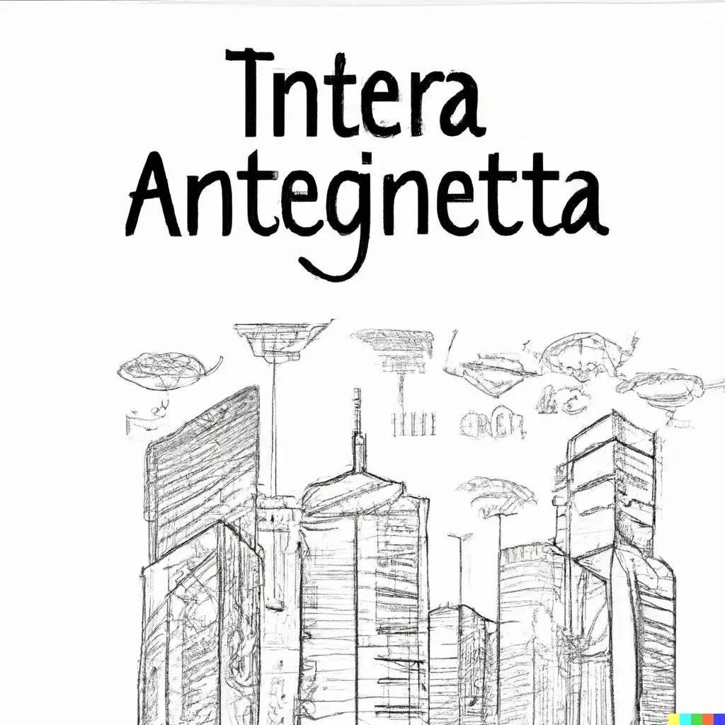 Futuristic cityscape sketch with abstract text.