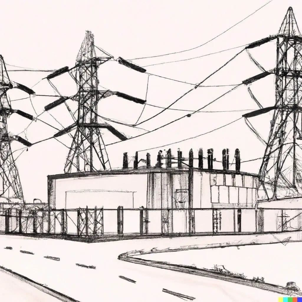 Electric substation with power lines illustration.
