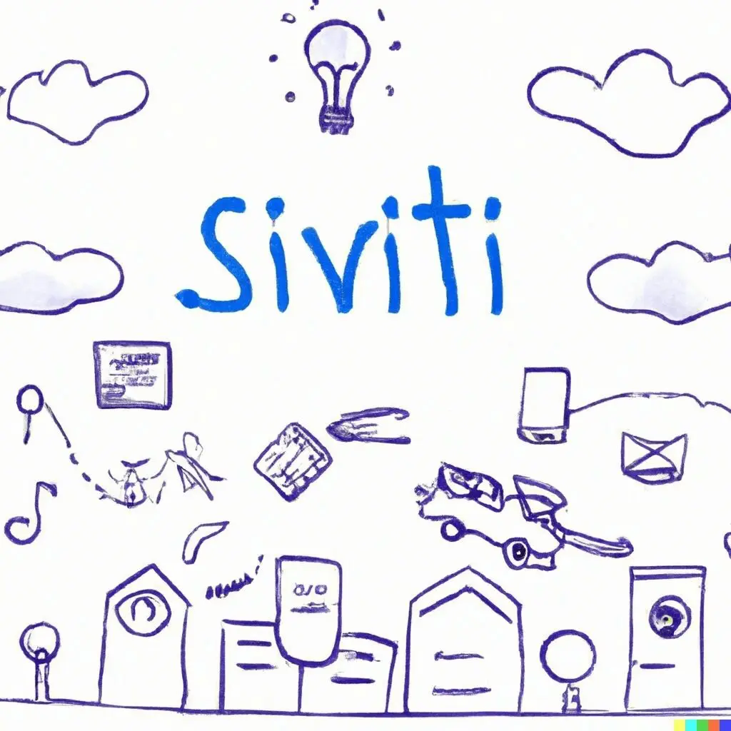 Hand-drawn doodles with text "Siviti" and icons.