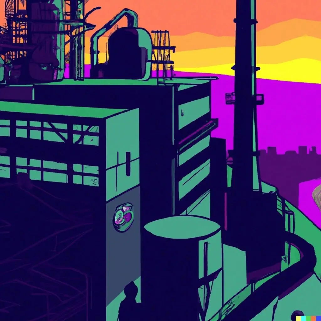 Industrial building at sunset with vibrant colors.