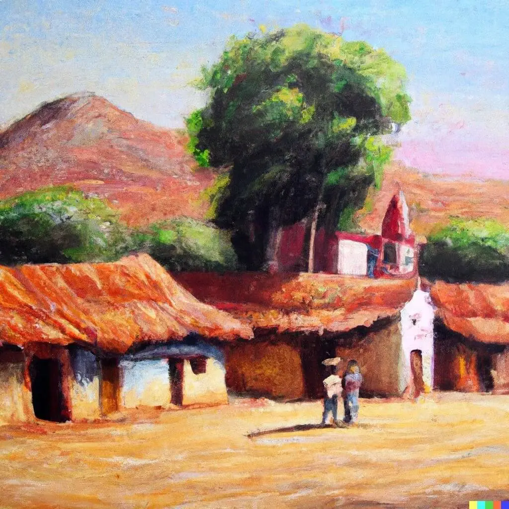 Rural village with mountains and trees.