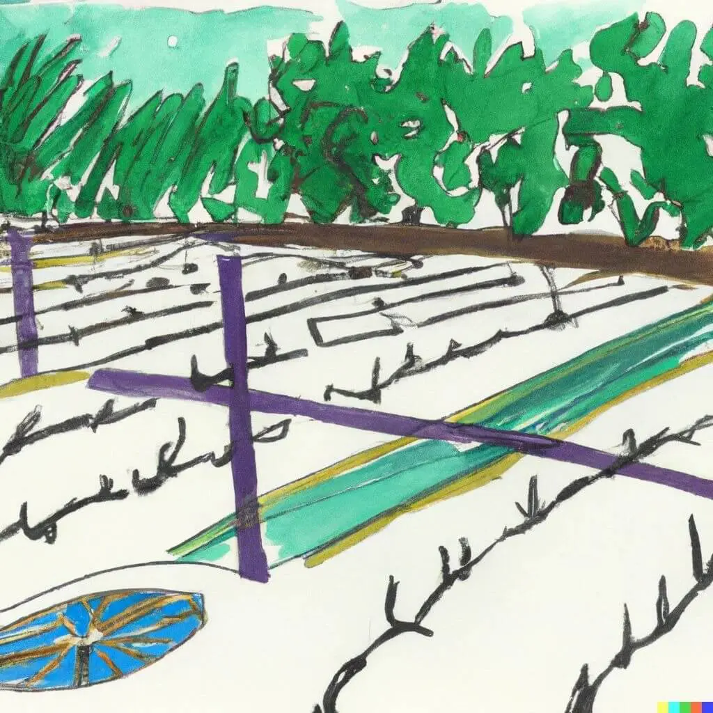 Abstract landscape with trees and geometric shapes.