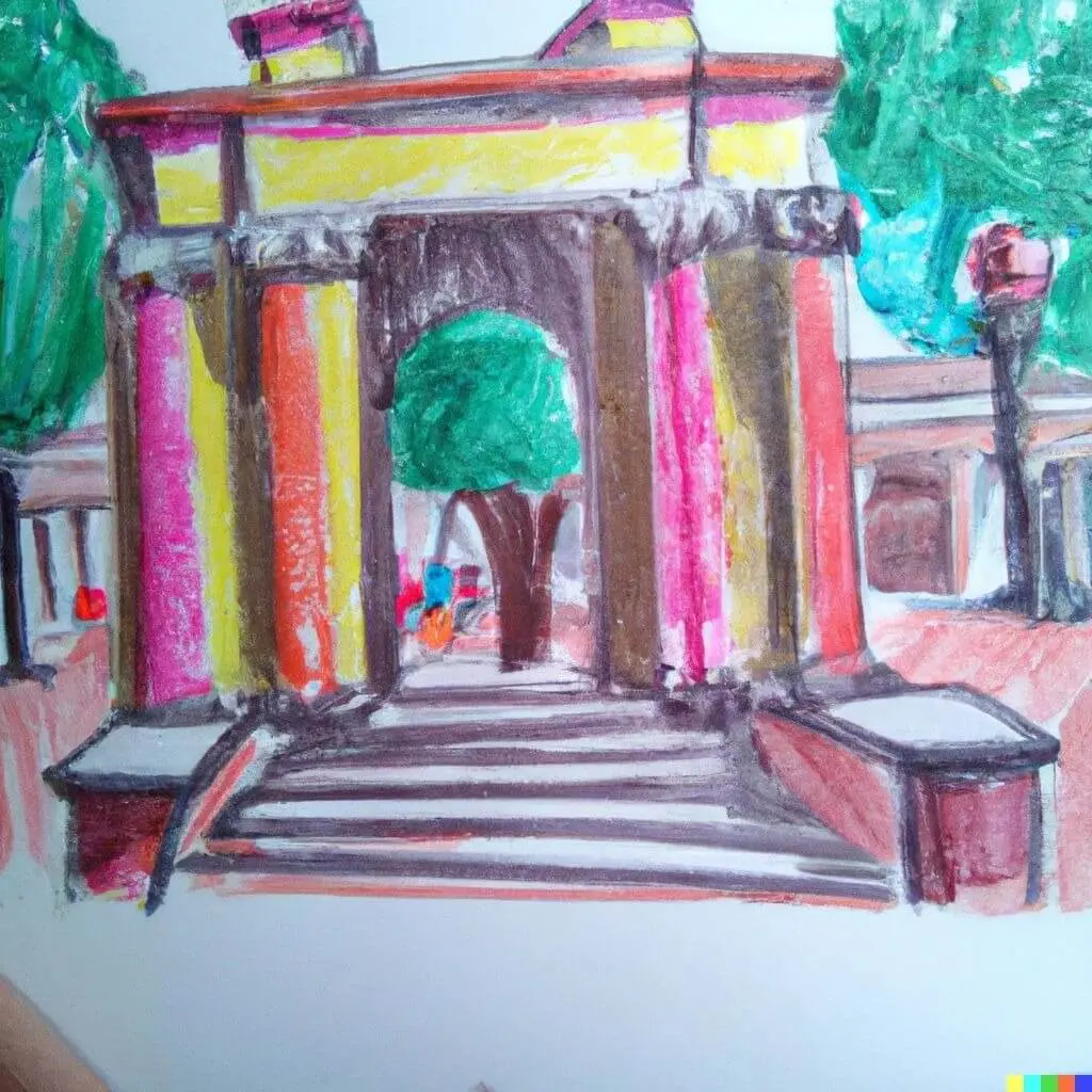 Colorful archway with tree in background.