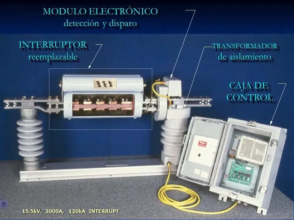 Electrical switchgear components with labeled parts.