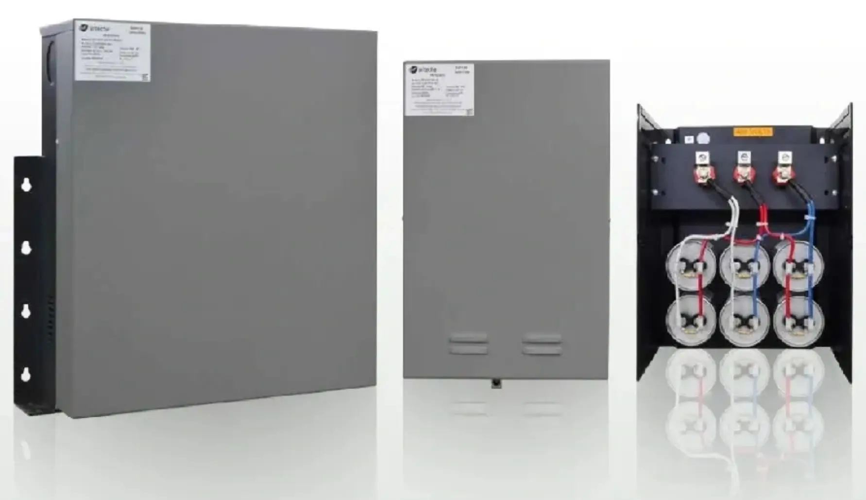 Electrical capacitors in metal enclosures.