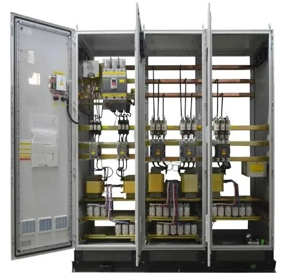Electrical control panel with open compartments.