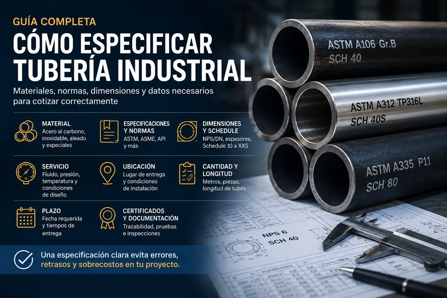 Guía para especificar tubería industrial: materiales, normas ASTM y ASME, dimensiones, Schedule y datos para cotización