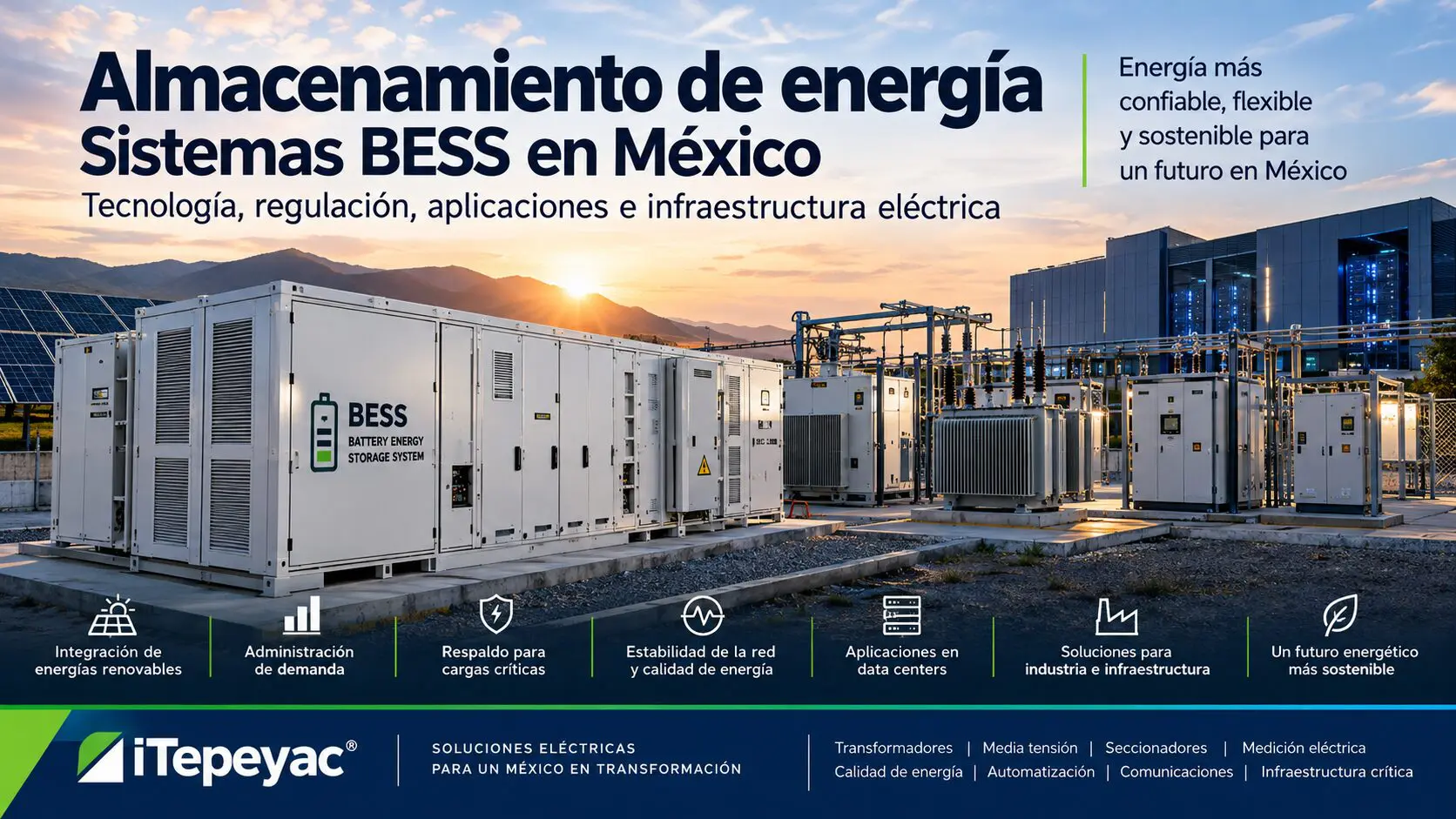 Sistemas de almacenamiento de energía BESS en México con baterías, subestación eléctrica, energía solar y data center