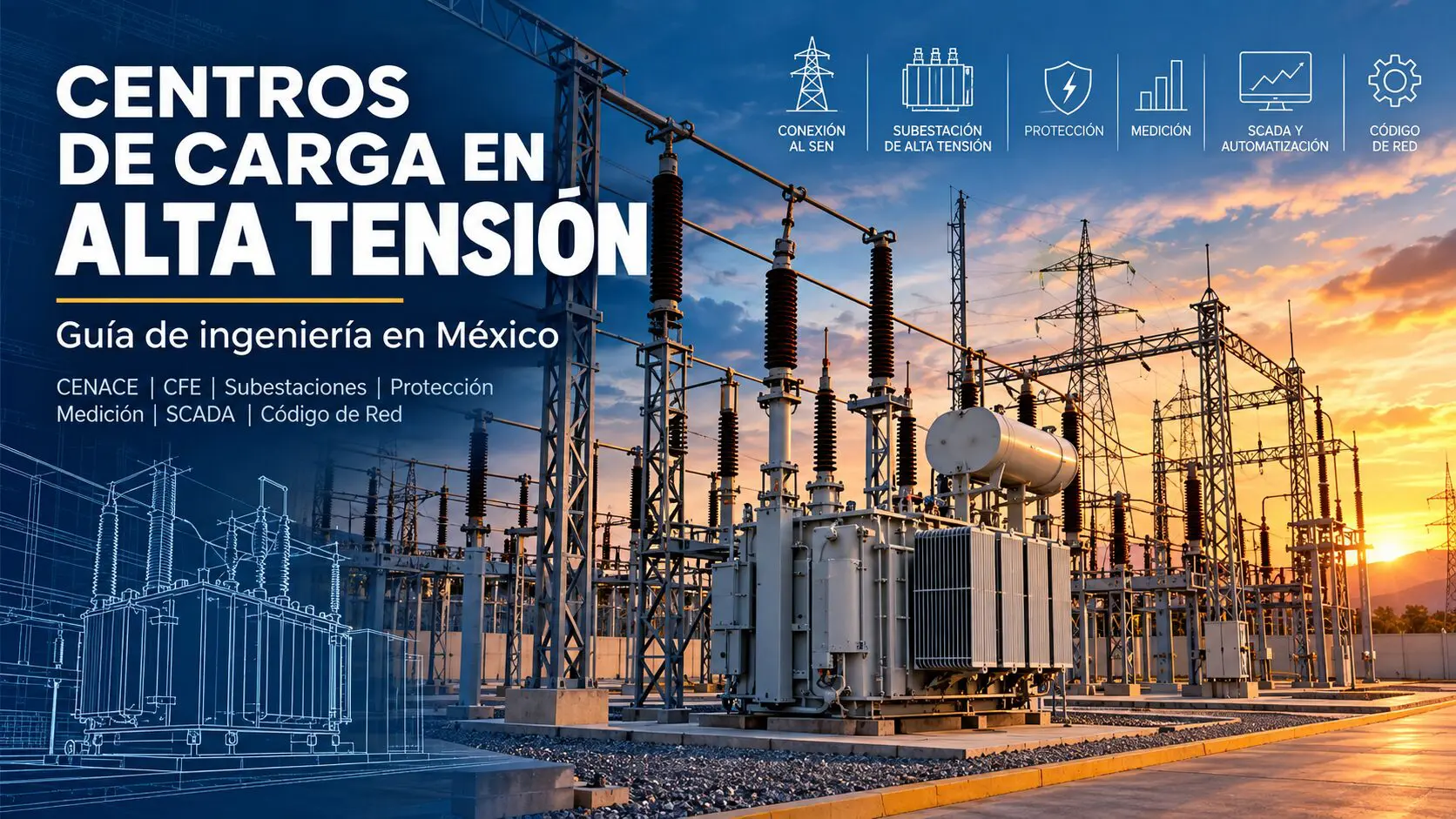 Centro de carga en alta tensión en México con subestación eléctrica, transformador de potencia, medición, protección y SCADA