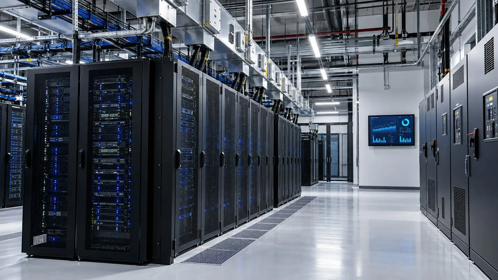 Racks de servidores, distribución eléctrica y monitoreo energético en un centro de datos.