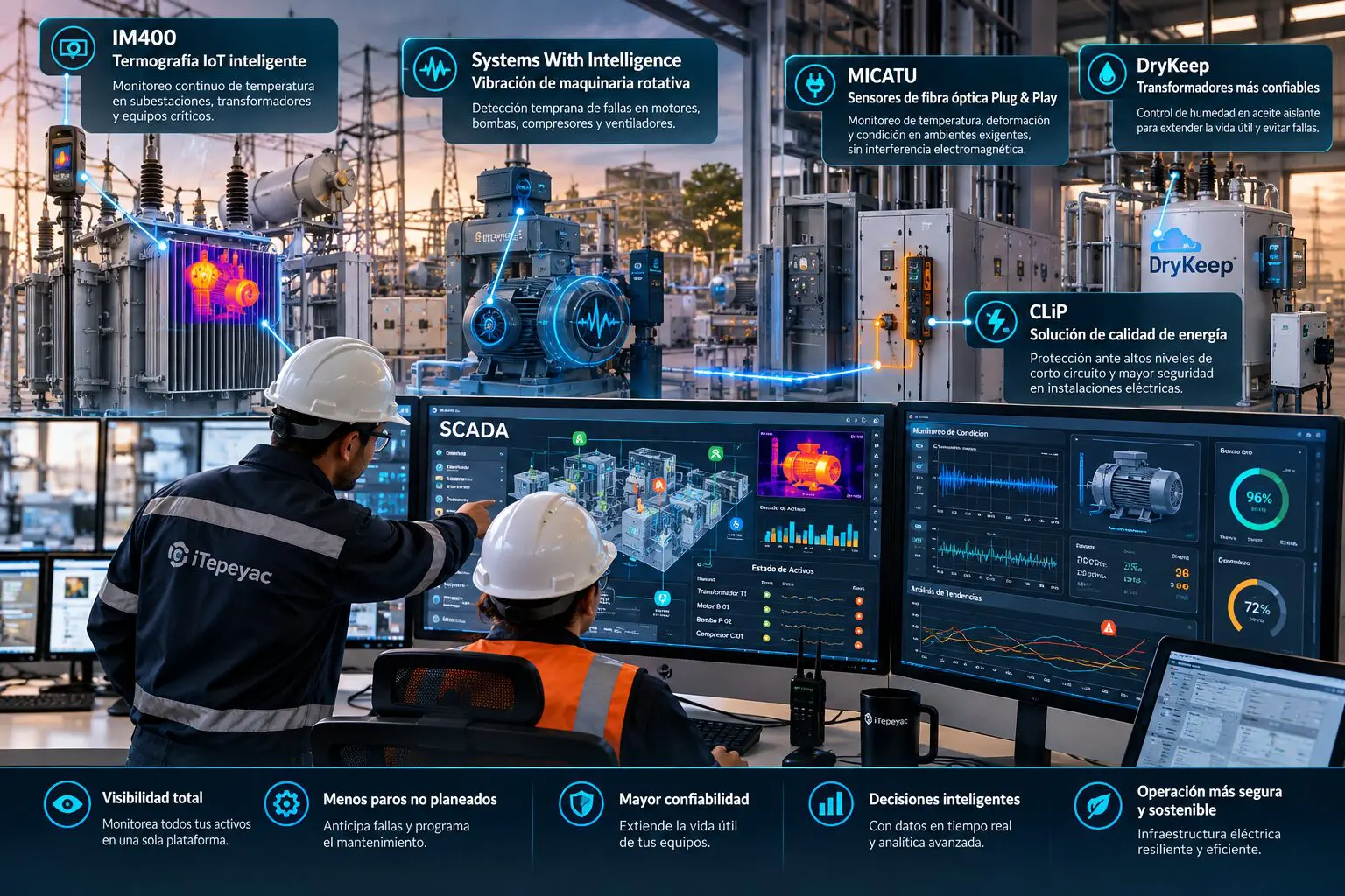Mantenimiento predictivo industrial con SCADA, termografía IoT, sensores MICATU, monitoreo de vibraciones y transformadores