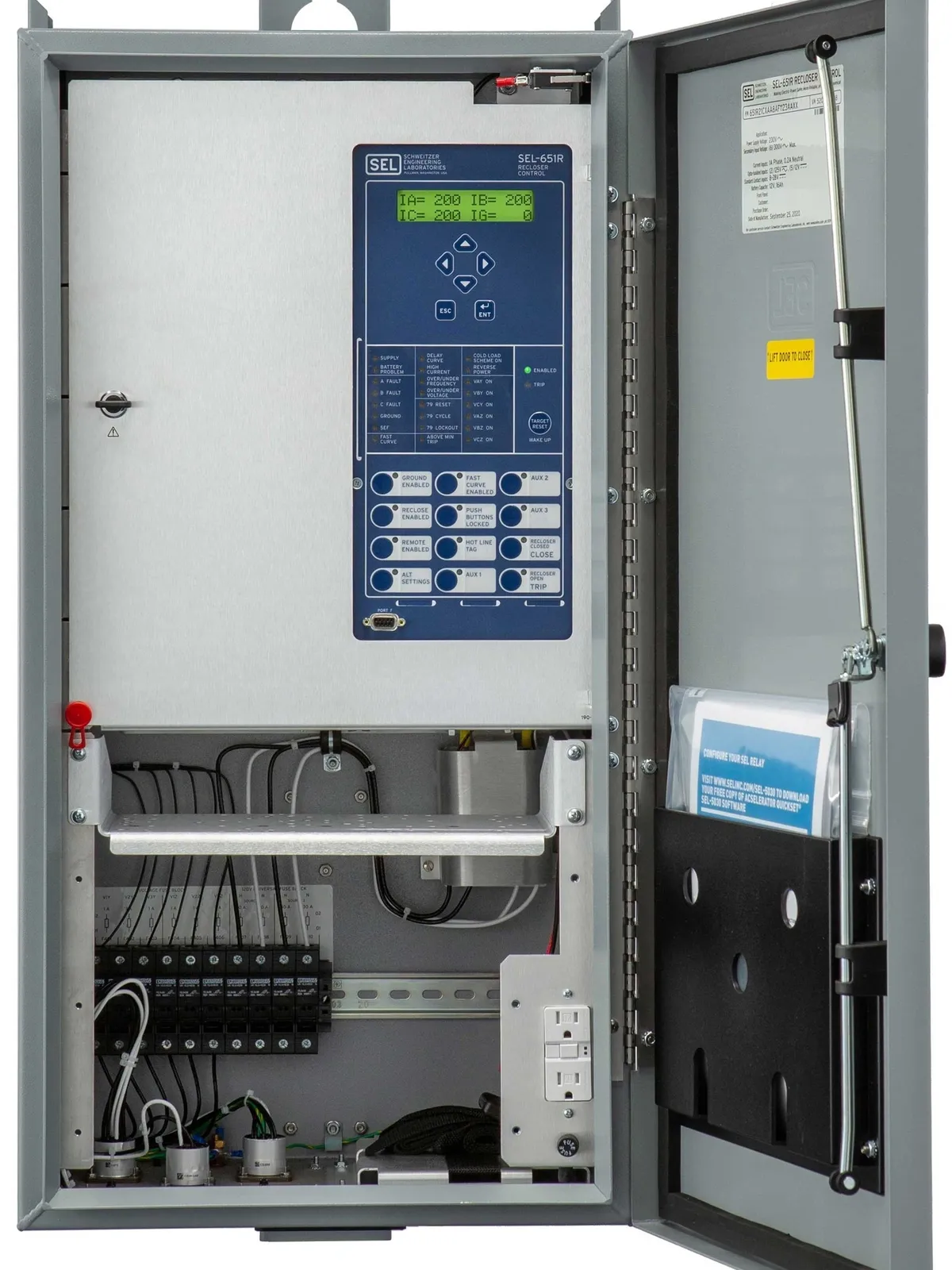 Electrical control panel with open door.