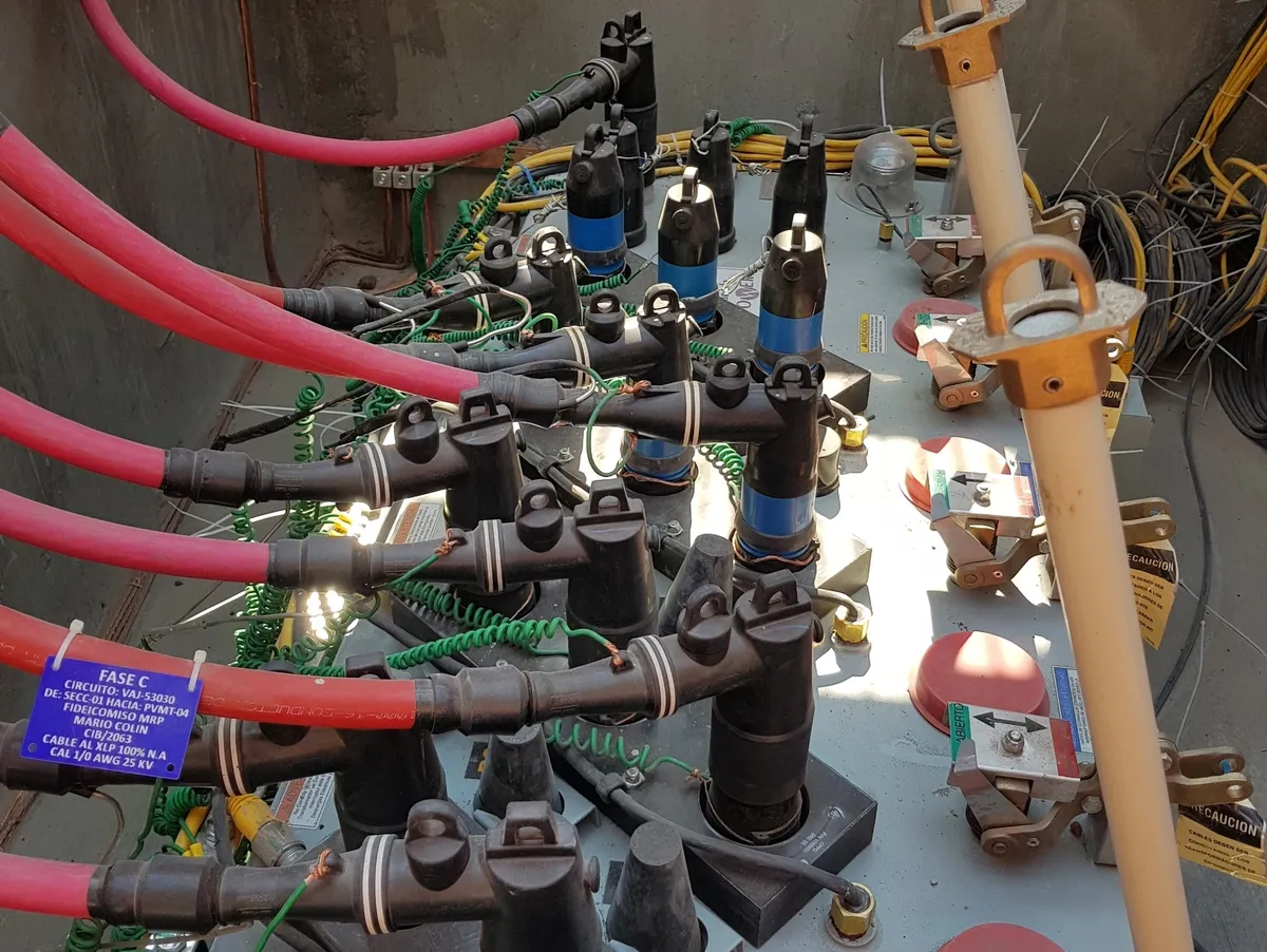 Electrical cables and components inside a panel.