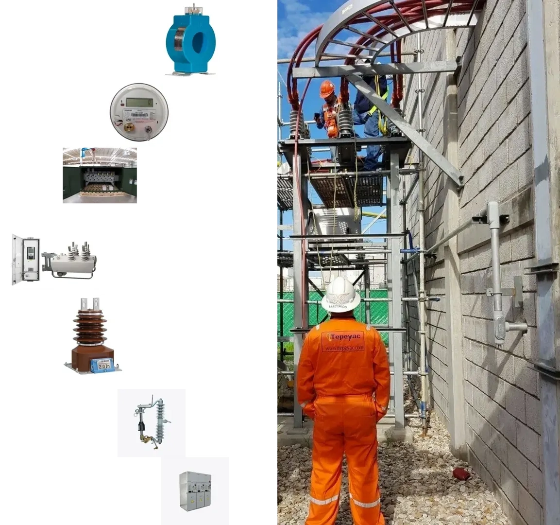 Worker in orange suit inspects electrical installation.