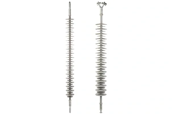 Electrical insulators with ribbed design.