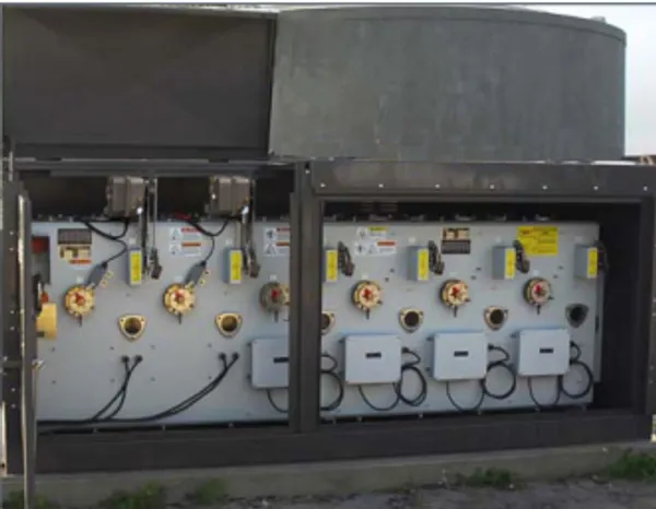 Industrial electrical panel with multiple connectors.