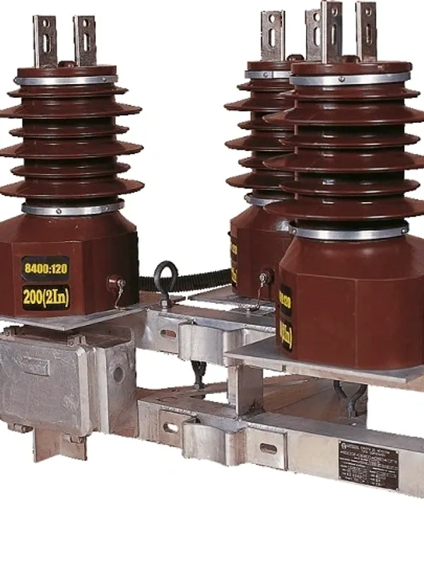 Industrial electrical switchgear with brown insulators.