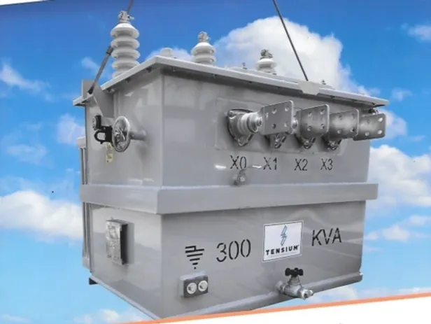 Electrical transformer against a cloudy sky background.