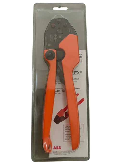 Orange-handled crimping tool in packaging.