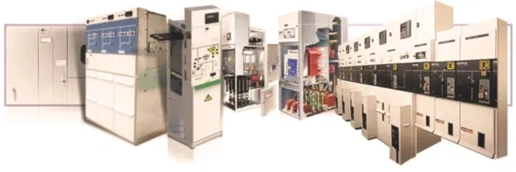 Electrical switchgear panels in a row.