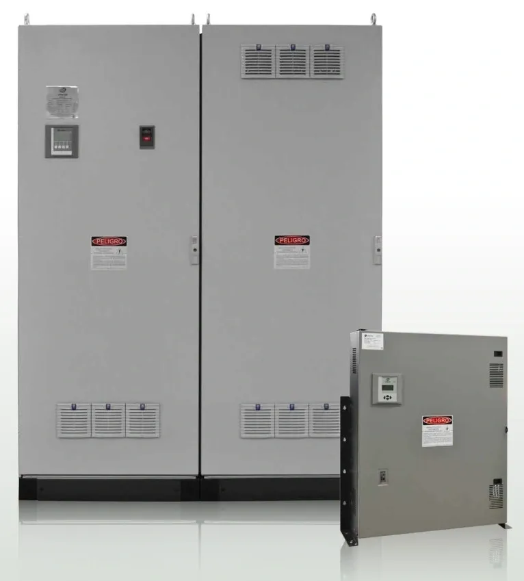 Electrical control panels with grey metal casing.