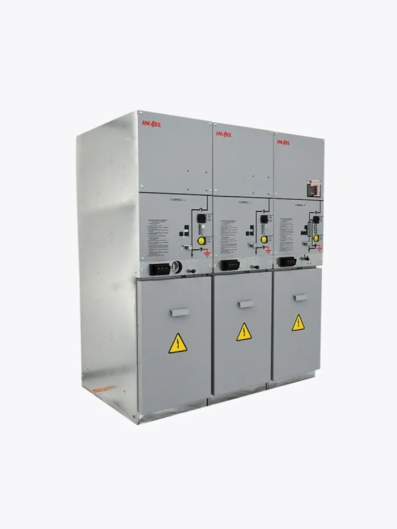Electrical switchgear unit with warning symbols.