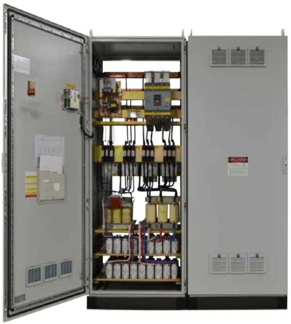 Open electrical control panel with components inside.