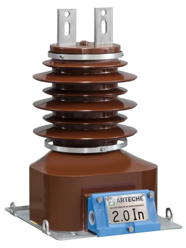 Brown electrical transformer with metal terminals.
