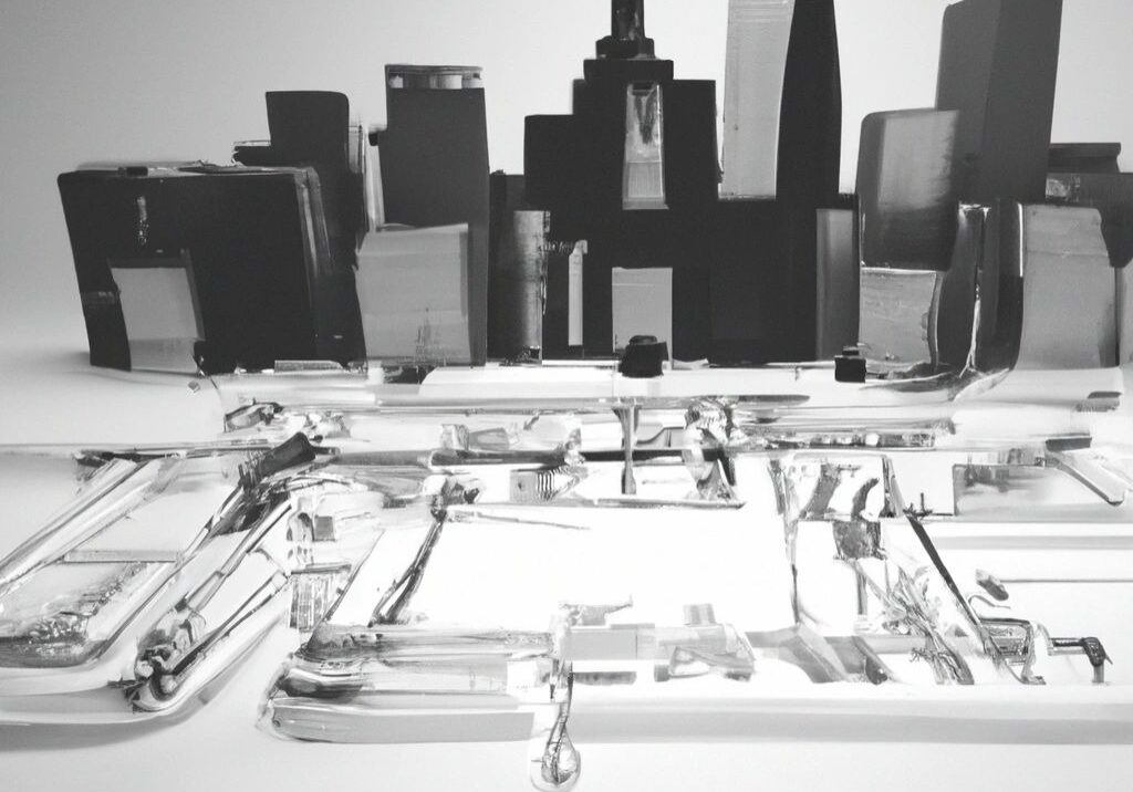 Monochrome city skyline with abstract elements.