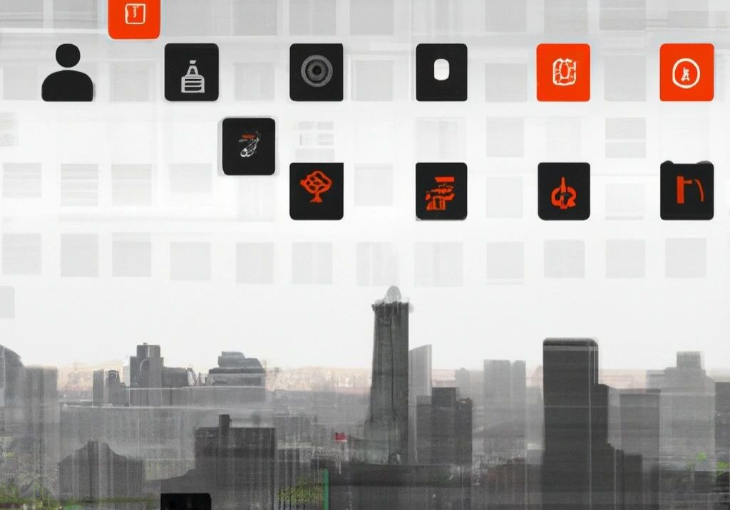Cityscape with overlay of various app icons.
