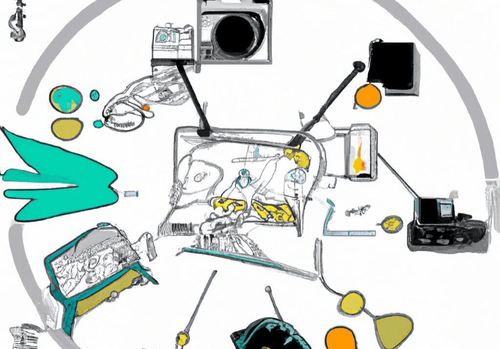 Illustration of various electronic devices and gadgets.