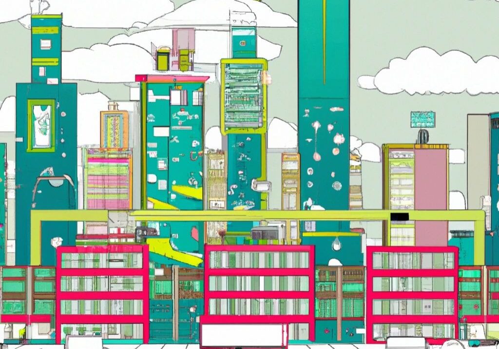 Colorful cartoon cityscape with tall buildings.