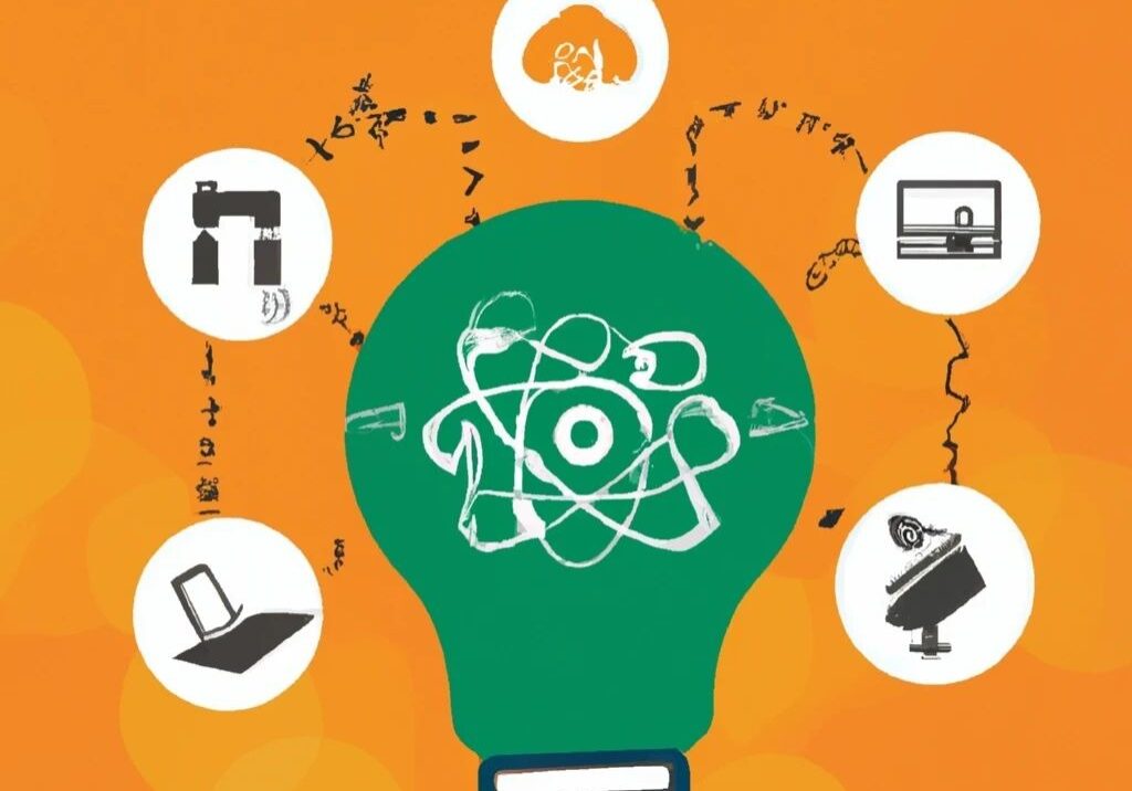 Green lightbulb with technology icons around.