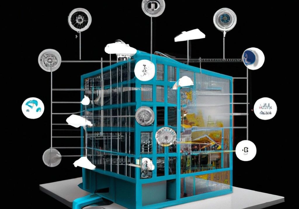 Futuristic building with technology connections illustration.