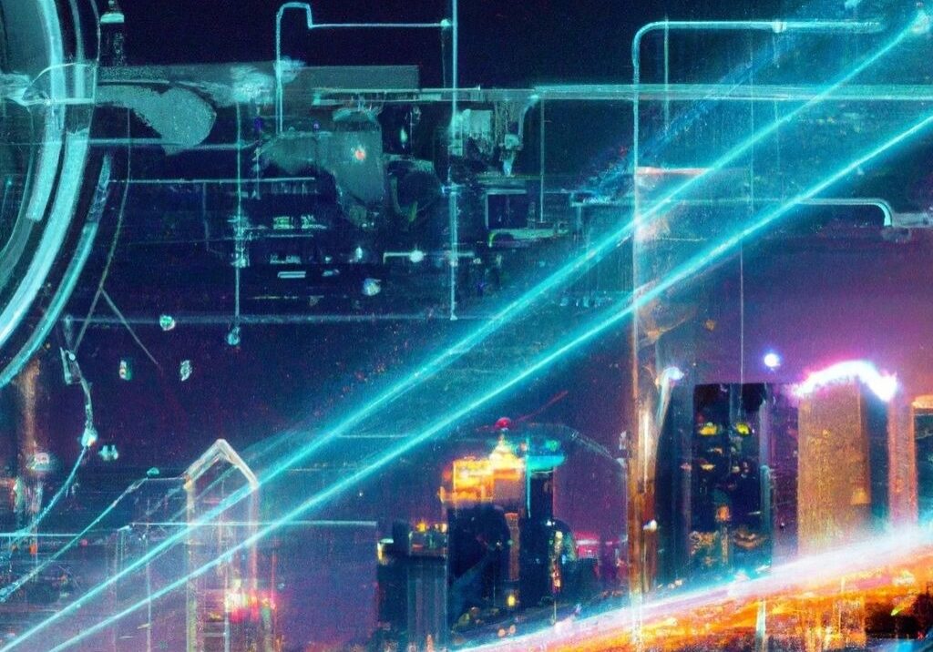 Futuristic cityscape with digital neon lights.