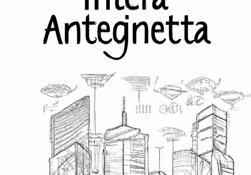 Futuristic cityscape sketch with abstract text.