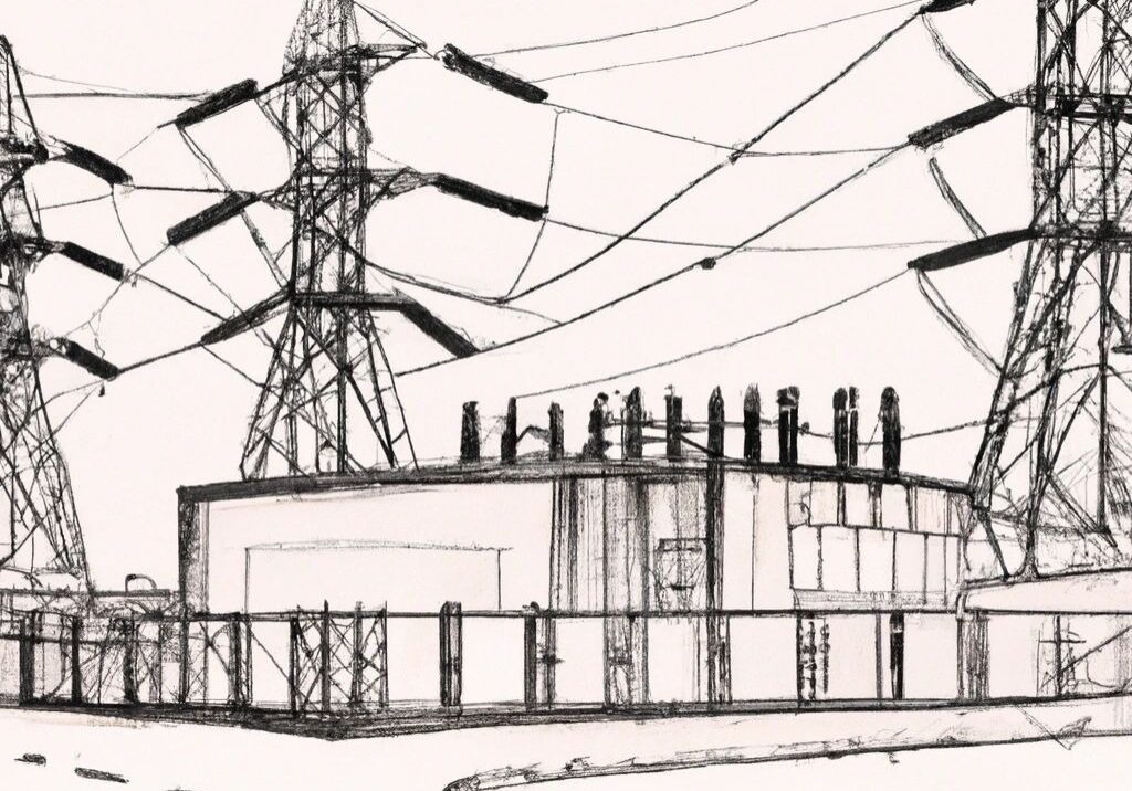 Electric substation with power lines illustration.