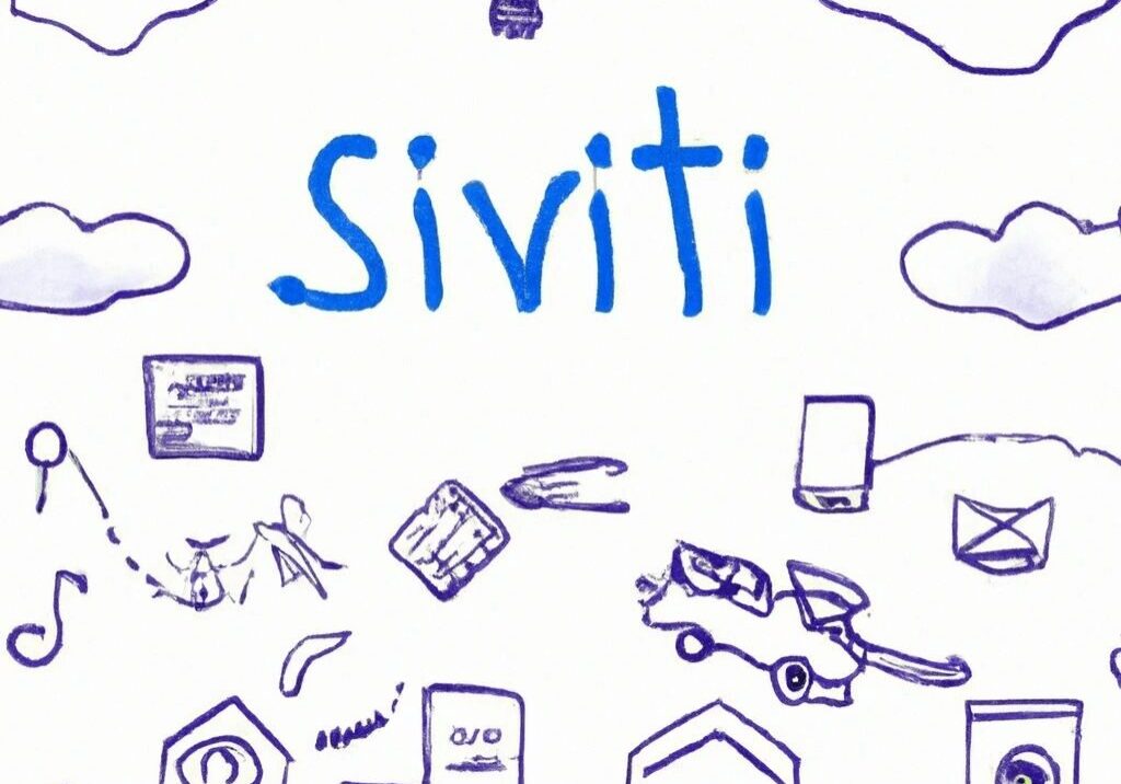 Hand-drawn doodles with text "Siviti" and icons.