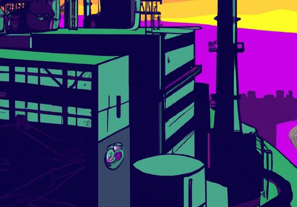 Industrial building at sunset with vibrant colors.