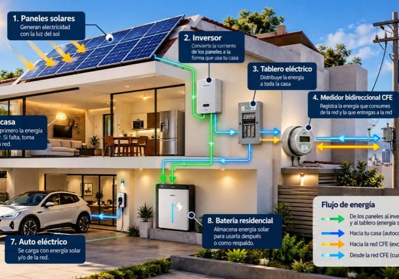 Casa con paneles solares en México, medidor bidireccional CFE, batería residencial y cargador para auto eléctrico