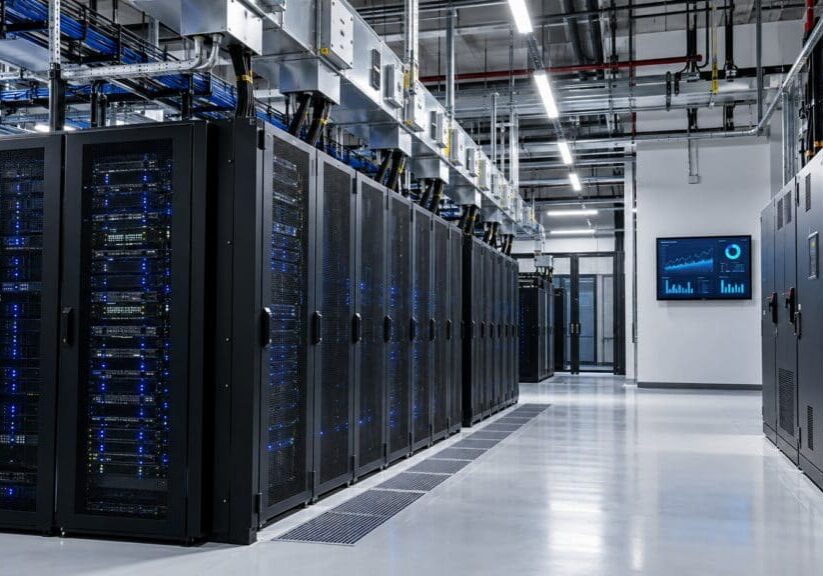 Racks de servidores, distribución eléctrica y monitoreo energético en un centro de datos.