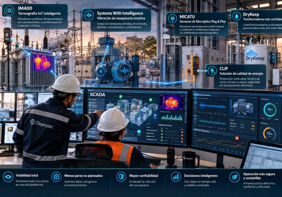 Mantenimiento predictivo industrial con SCADA, termografía IoT, sensores MICATU, monitoreo de vibraciones y transformadores