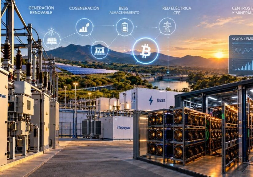 Infraestructura eléctrica para minería de Bitcoin en México con subestación, energía renovable, BESS y centros de datos